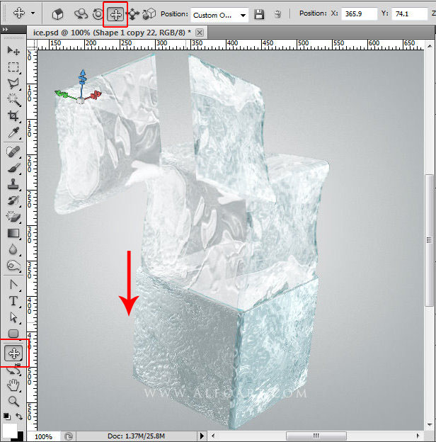 Ice cube 3D photoshop tools tutorial. 3D scene ice cube and cherry inside, ice txture effect in photoshop, ice reflection, 3D rendering, 3D light effects, realistic ice effectt, winterphotoshop  ideas